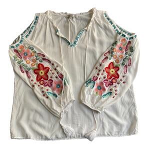 Solitaire‎ Anthropologie Embroidery Boho Peasant Top Hippie Artsy Size Large